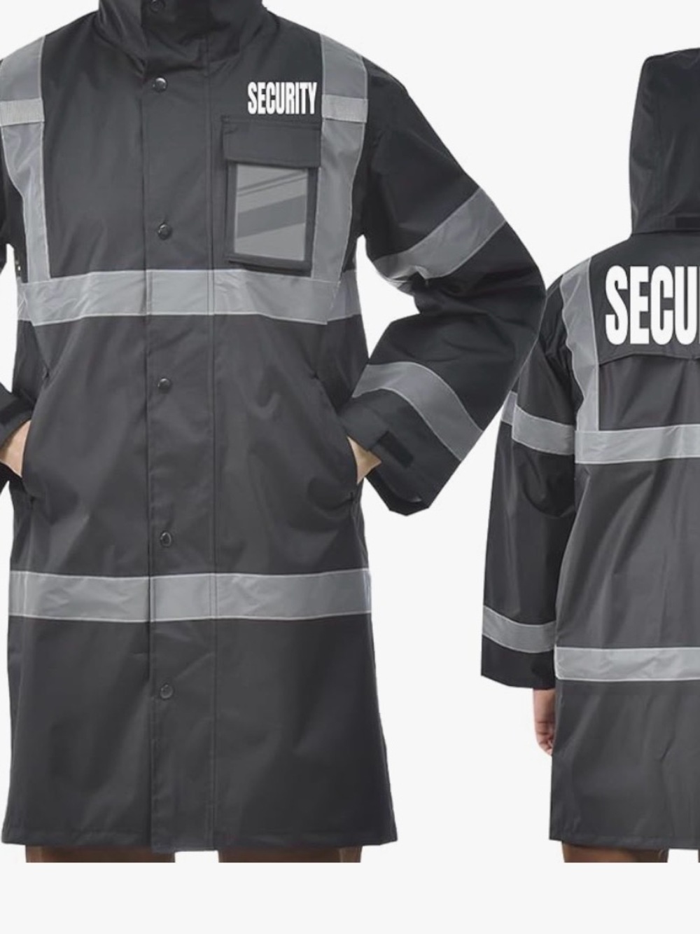 Security High-Visibility Black Raincoat with Reflective Striping